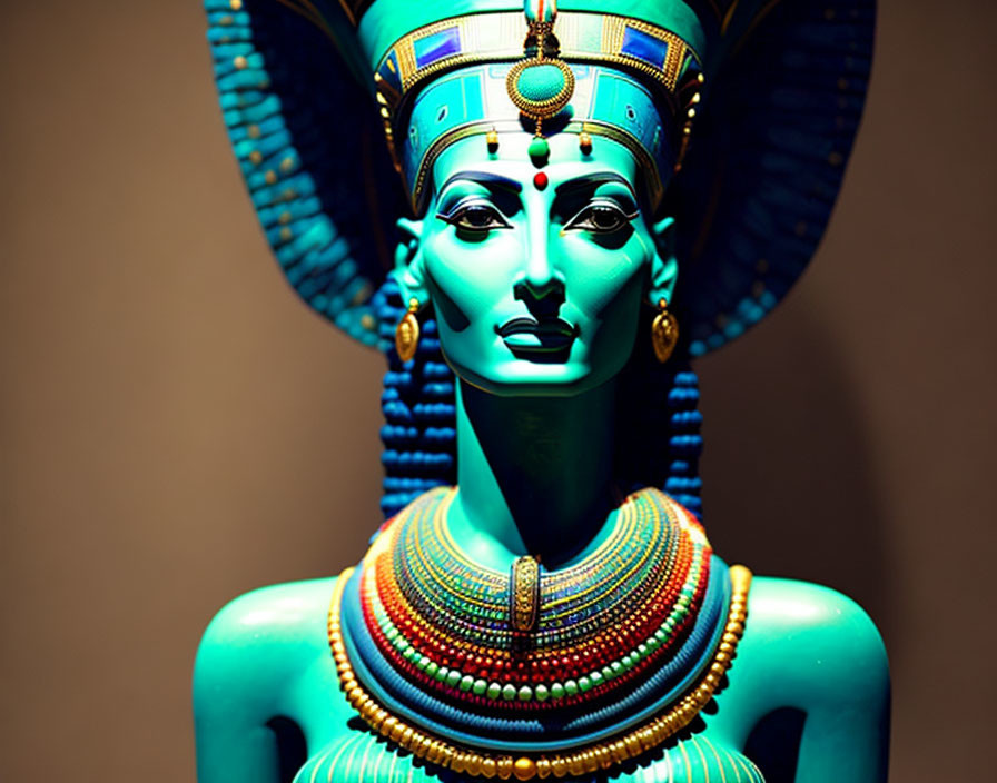 Colorful Egyptian Pharaoh Bust with Blue Headdress and Jewelry