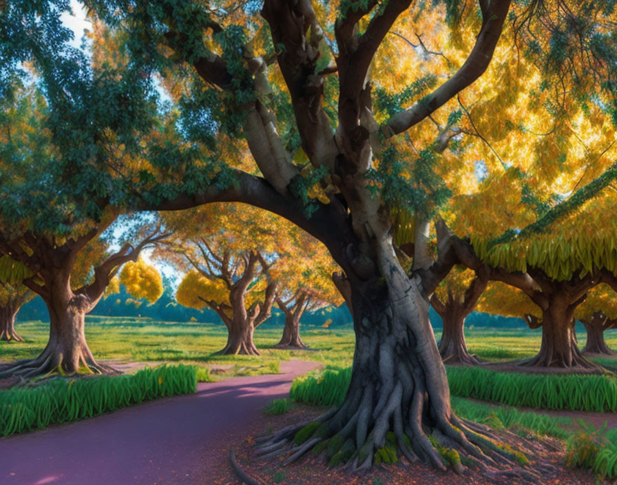 Tranquil path through lush grove with golden foliage