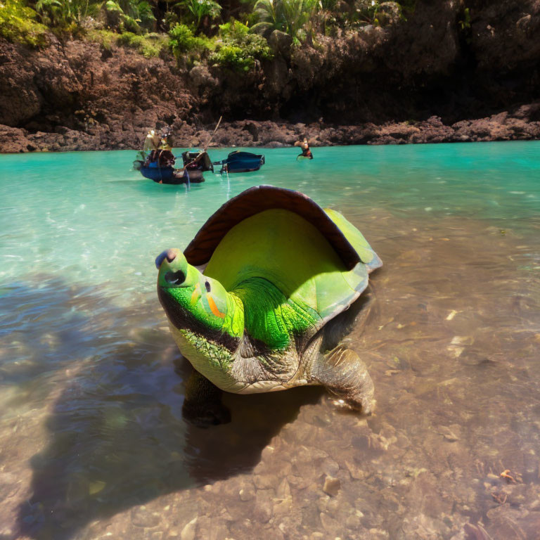 Colorful inflatable turtle float in shallow water with boats in background