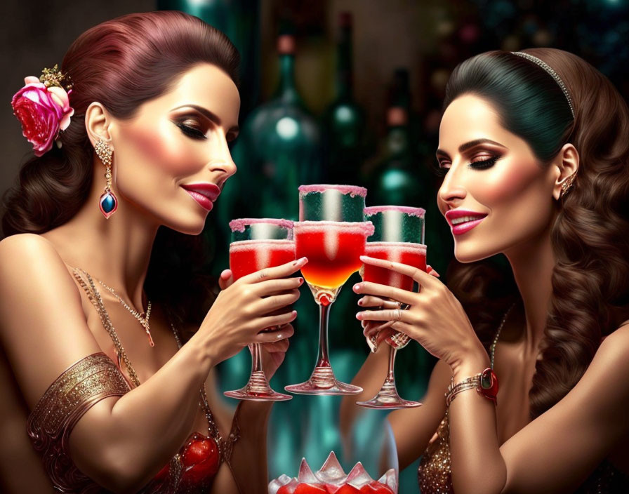 Elegantly Dressed Women Celebrating with Red Cocktails