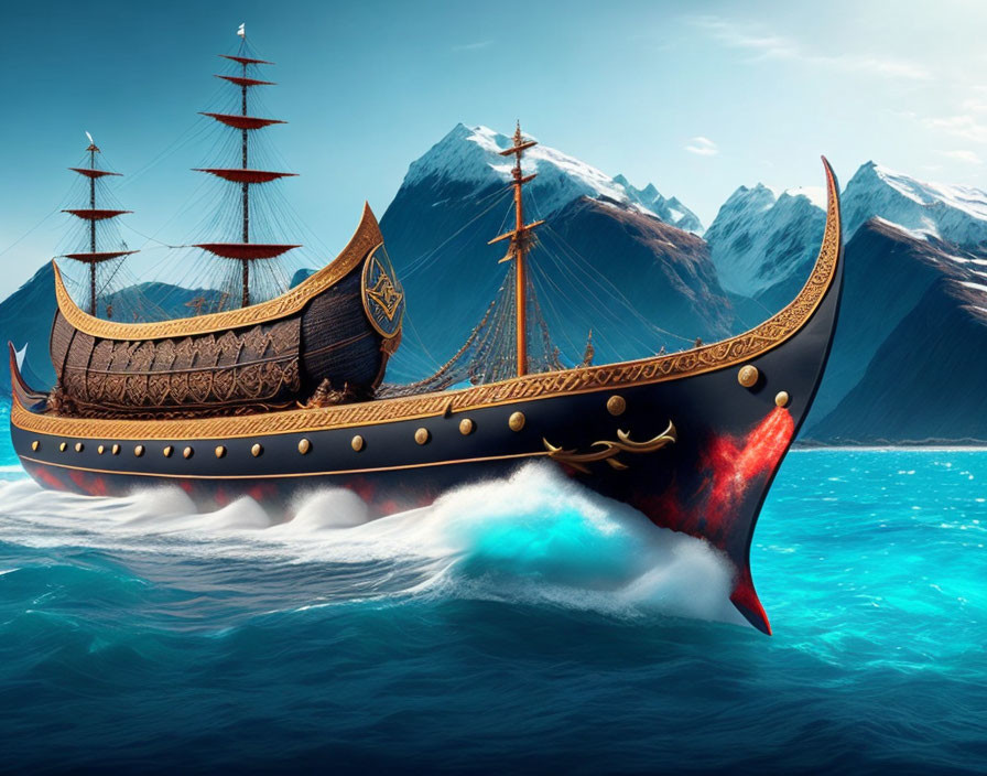 Ornate Viking longship sailing with mountains in background