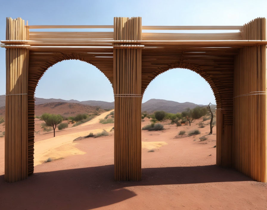 Desert landscape with wooden dual-arch structure