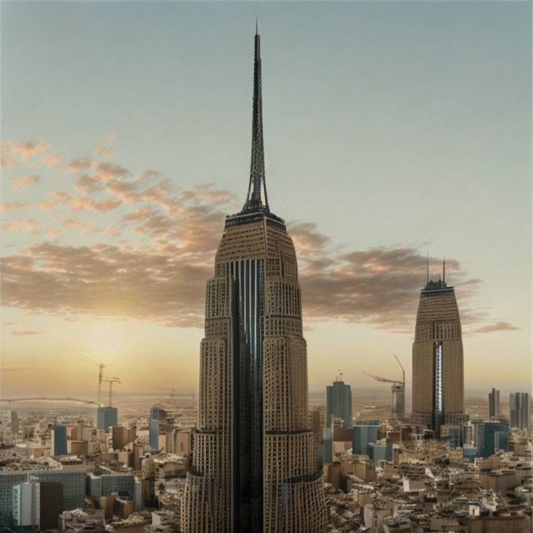 Urban skyline at dusk with towering skyscraper