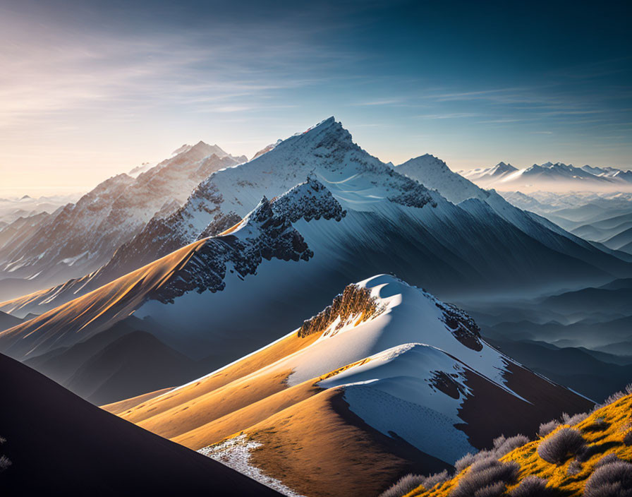 Majestic snow-capped mountain peaks at sunrise or sunset