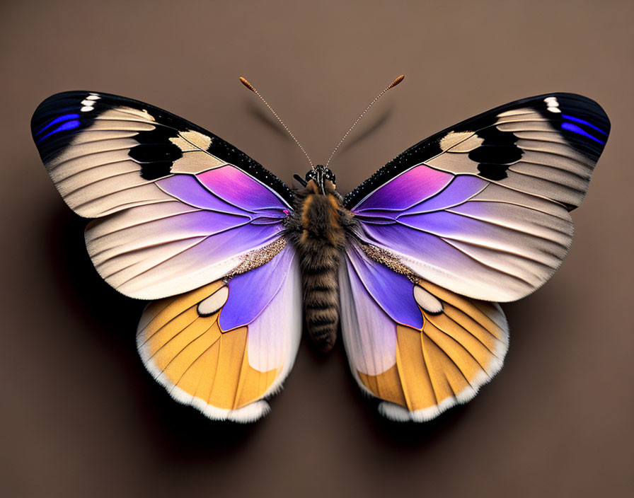 Colorful symmetrical butterfly with purple, black, and orange wings on brown background