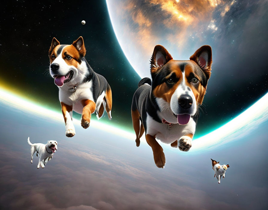 Four dogs in space with planet and stars background