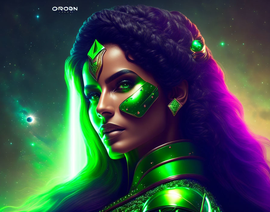 Vibrant purple hair woman with green futuristic makeup in cosmic setting