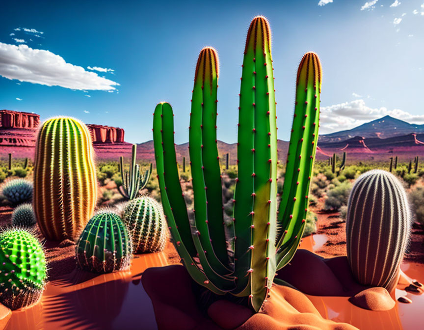 Desert landscape with cacti, red sand, blue sky, and mountains