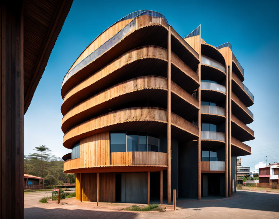 Contemporary multi-story building with wavy wooden facade and glass windows