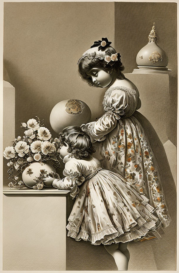 Vintage Attire Children with Orbs on Pedestal in Sepia Illustration