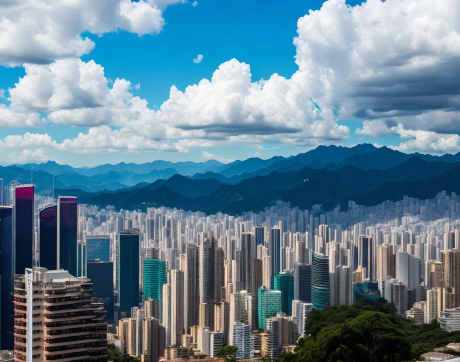 Urban skyline with skyscrapers, blue sky, clouds, and mountains