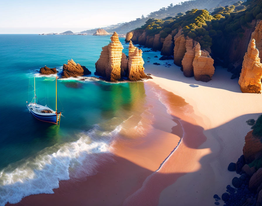 Tranquil beach scene with turquoise waters, golden sands, rock formations, and sailboat