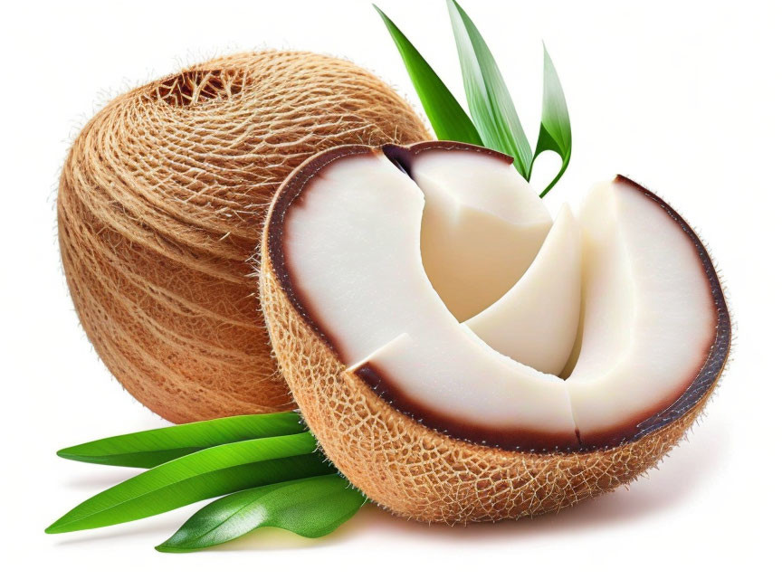 Fresh whole and halved coconuts with green leaves on white background