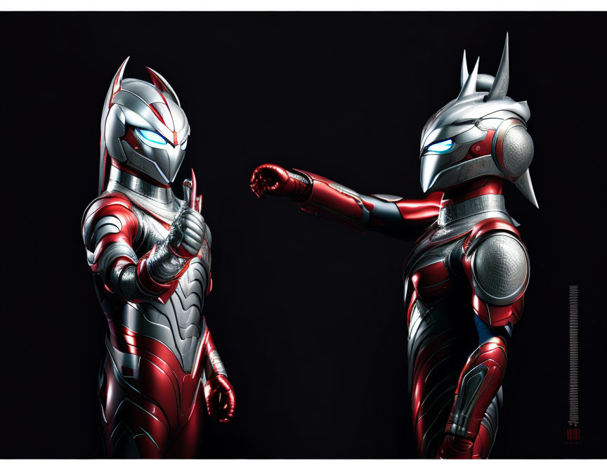 Metallic humanoid figures in red and silver armor on dark background.