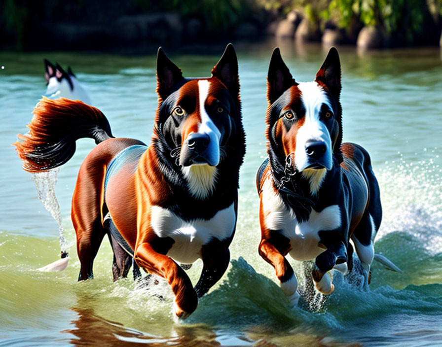 Photorealistic mer-dogs swimming in water