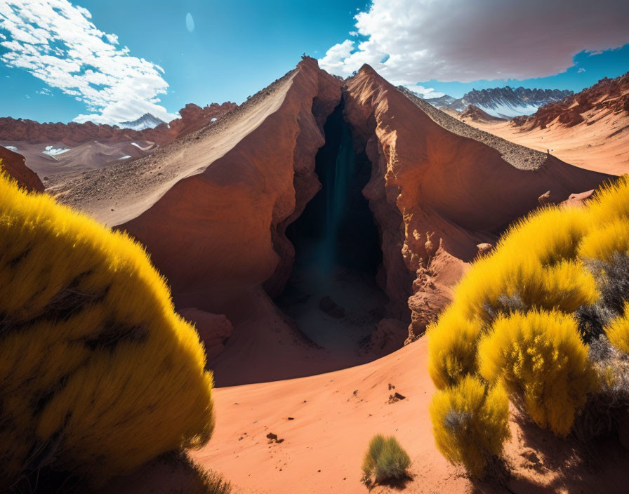 Vibrant desert landscape with red sandstone formation and blue sky