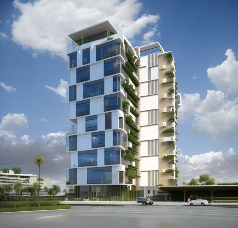 Urban high-rise building with balconies, large windows, greenery, and road with cars.