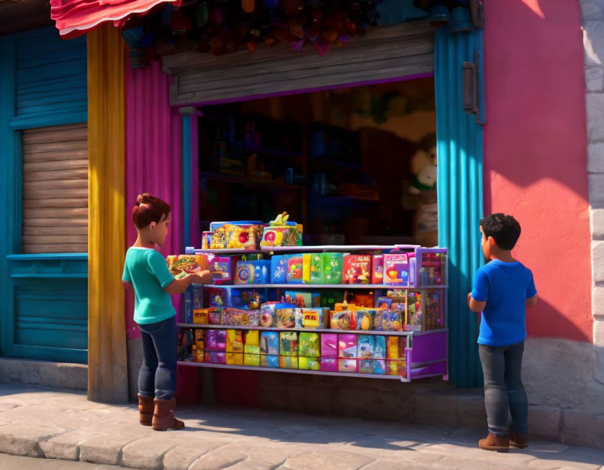 Animated children at colorful street kiosk in daylight