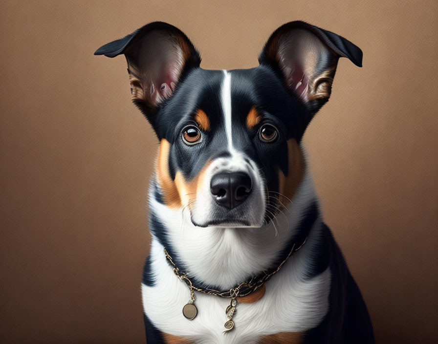 Tricolor Dog with Large Ears and Shiny Coat on Brown Background