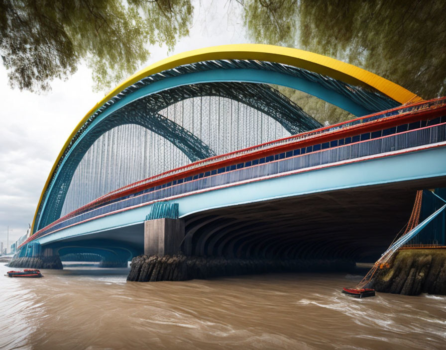 Multicolored Arched Bridge Over River with Blurred Green Foliage