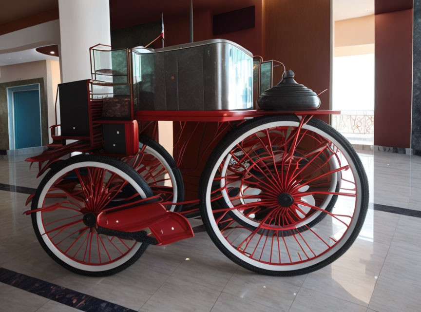 Vintage Red and Black Car with Large Spoked Wheels Displayed Indoors