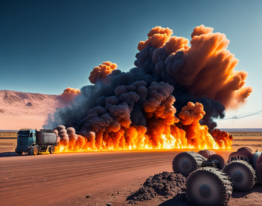 Truck on Fire with Black Smoke in Desert Landscape