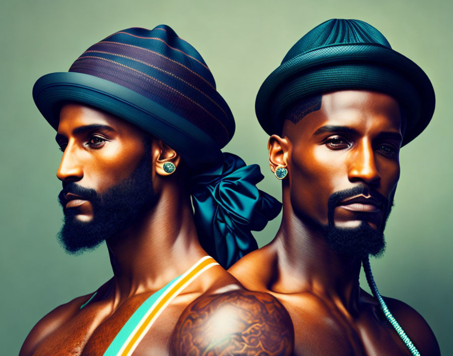 Fashionable Men with Sculpted Beards in Colorful Hats and Earrings on Green Background