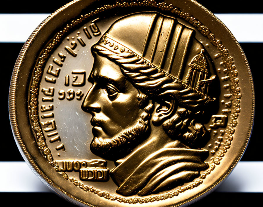 Shiny gold coin with profile of person in helmet on striped background