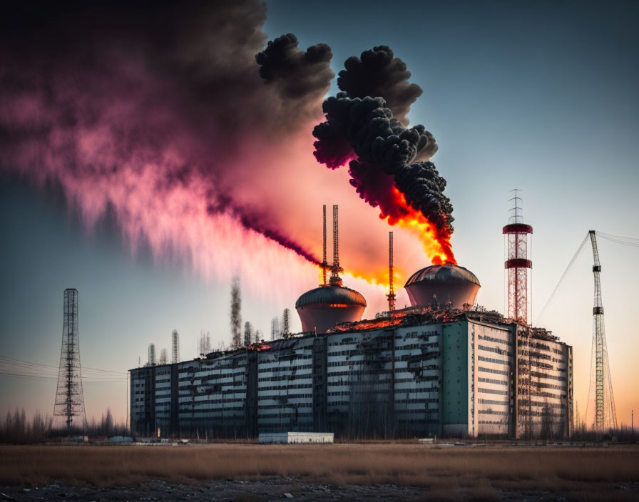 Industrial buildings emit red and black smoke at dusk