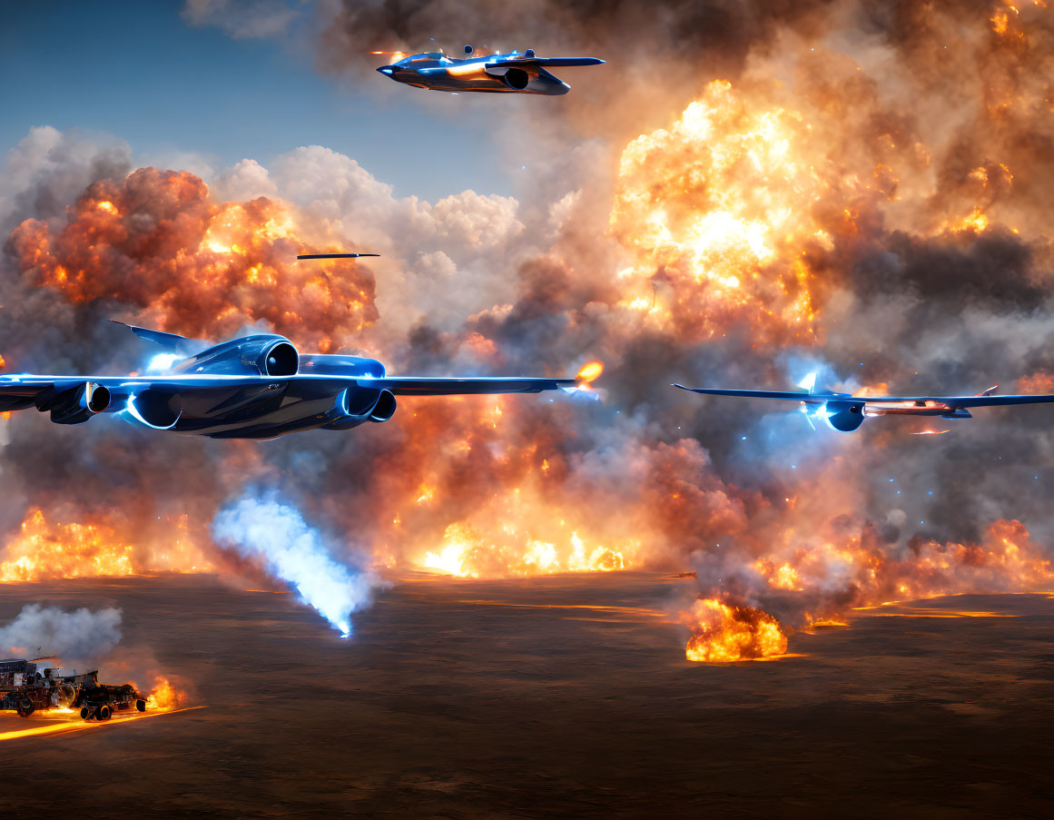 Dramatic landscape with futuristic aircraft and explosions