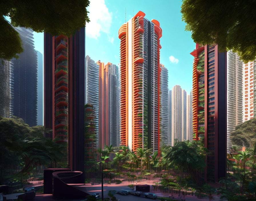 Modern red skyscrapers in lush greenery with park view