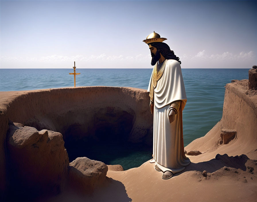 Digital illustration: Bearded figure in ancient attire by well, sea view with wooden cross.