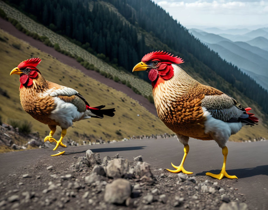 Two hybrid creatures in business attire walking on a mountain road