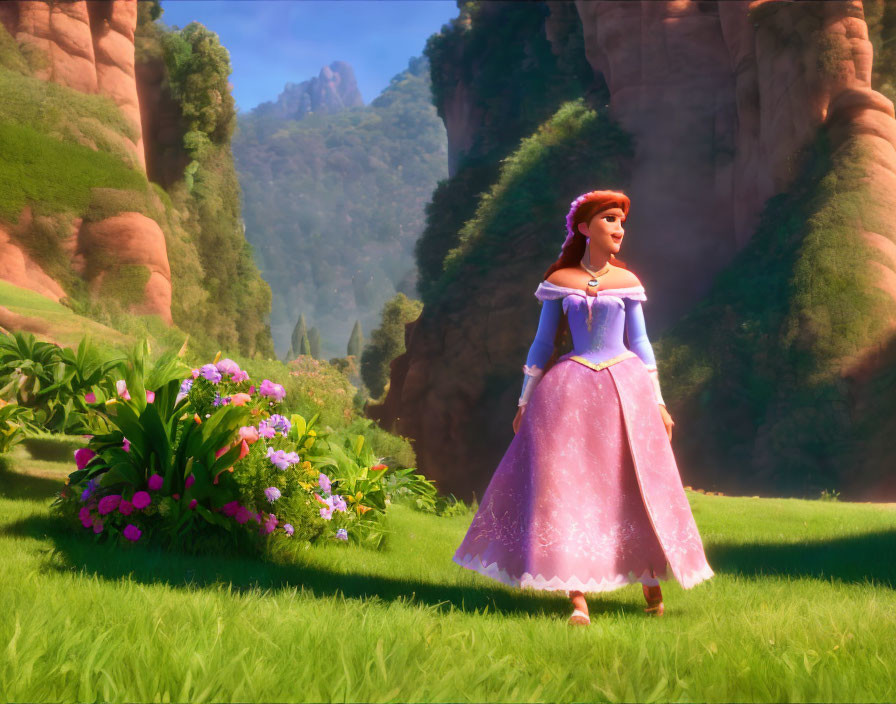 Animated Princess in Pink and Blue Gown in Vibrant Valley