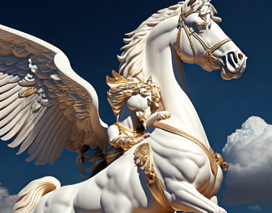 White Winged Horse Sculpture with Golden Bridle Against Blue Sky