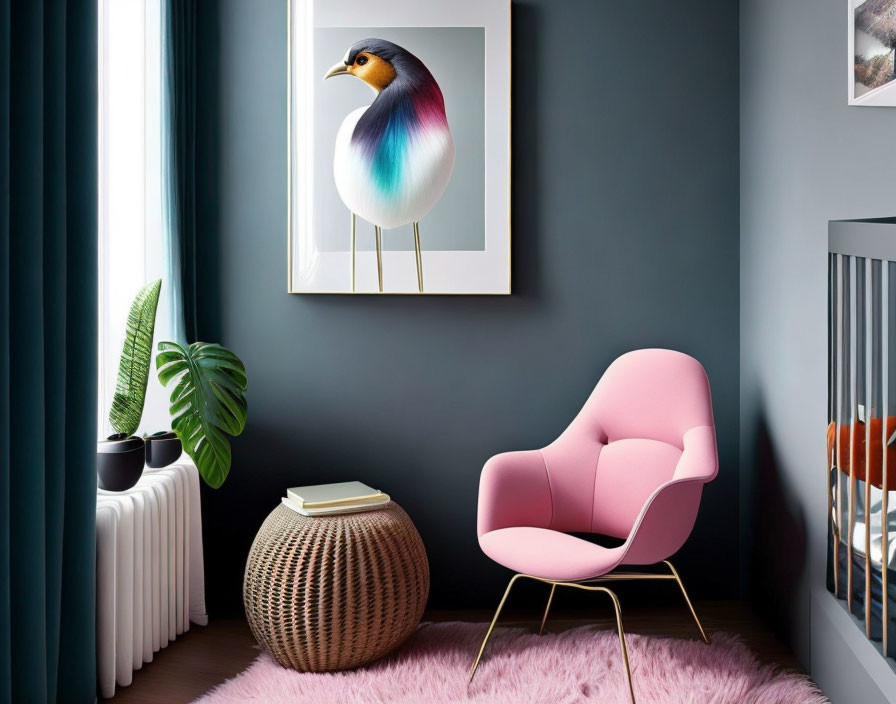 Contemporary Room Interior with Pink Armchair, Bird Illustration, Plant, and Crib