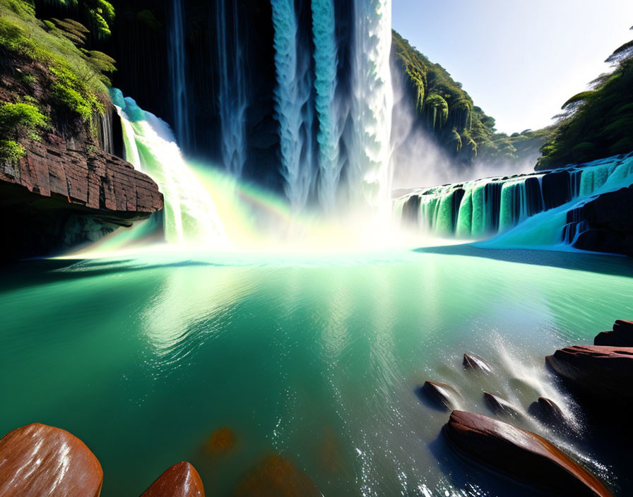 Majestic waterfall flowing into tranquil turquoise pool surrounded by lush greenery