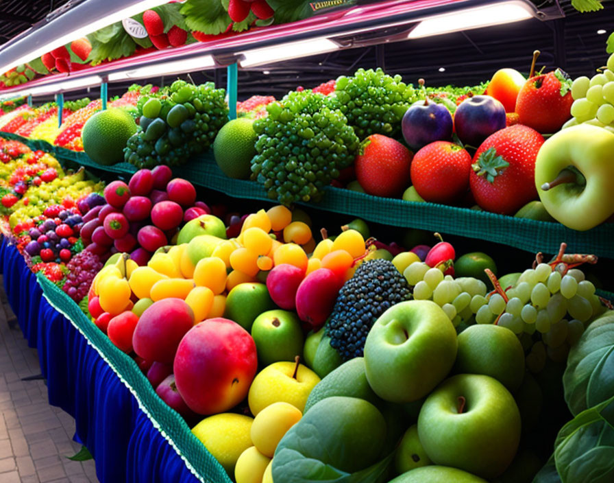 Fresh Fruits Display: Apples, Grapes, and Berries in Market