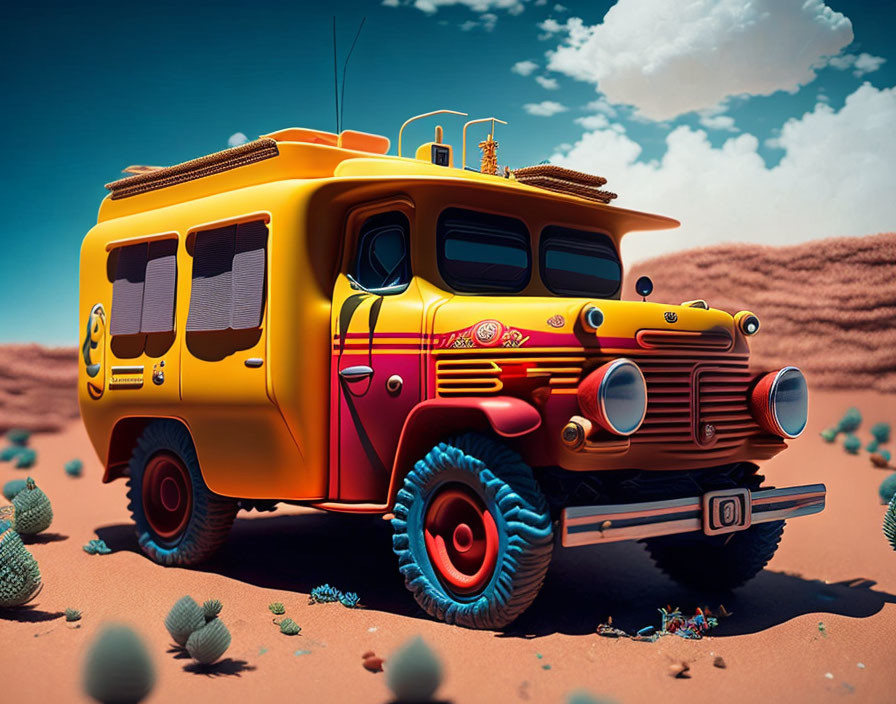 Colorful 3D illustration: Retro yellow bus in desert with cacti