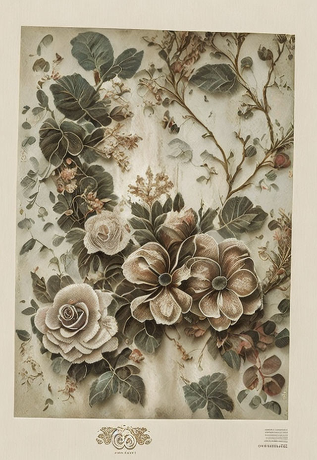 Vintage Botanical Illustration of Earthy Toned Flowers and Leaves