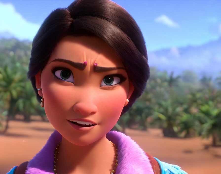 CGI animated female character with short dark hair and blue-pink outfit