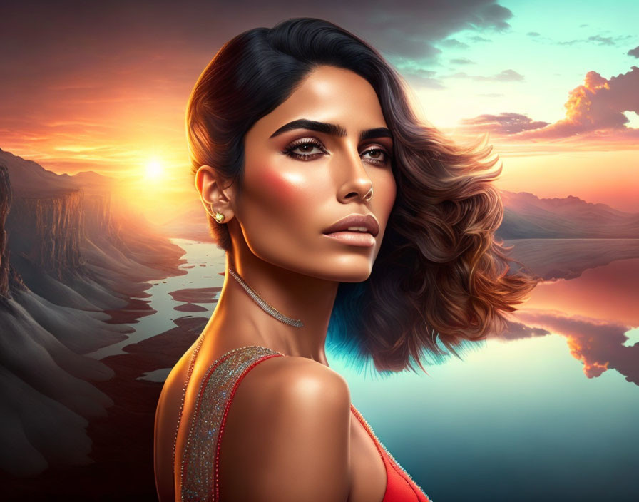 Digital artwork featuring woman with makeup, wavy hair, and sunset reflection.