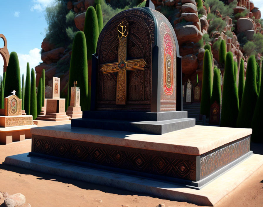 Ornate Christian cross in vibrant mausoleum garden