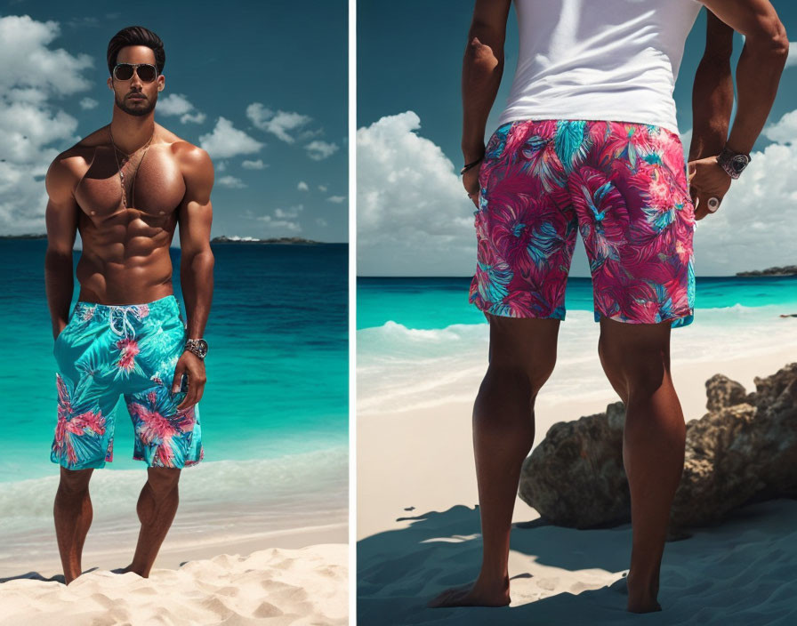 Man in sunglasses and colorful swim shorts on sunny beach with clear blue skies