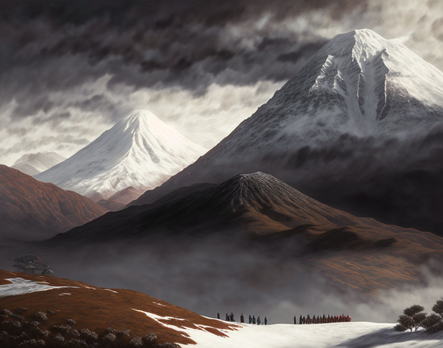 Group of climbers in snowy landscape with mountains and cloudy sky