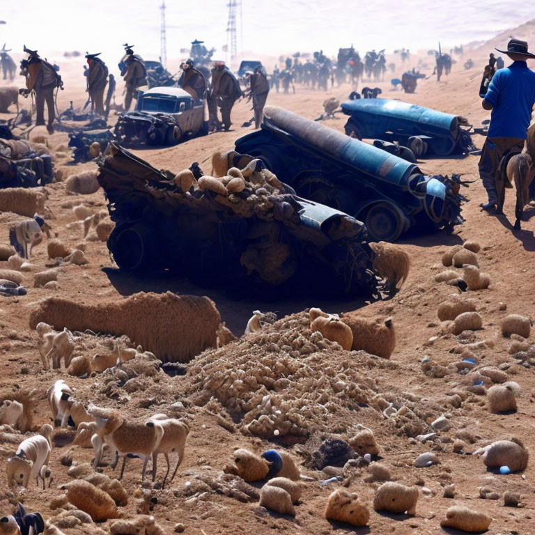 Desert landscape with overturned cars, sheep, and people scene.