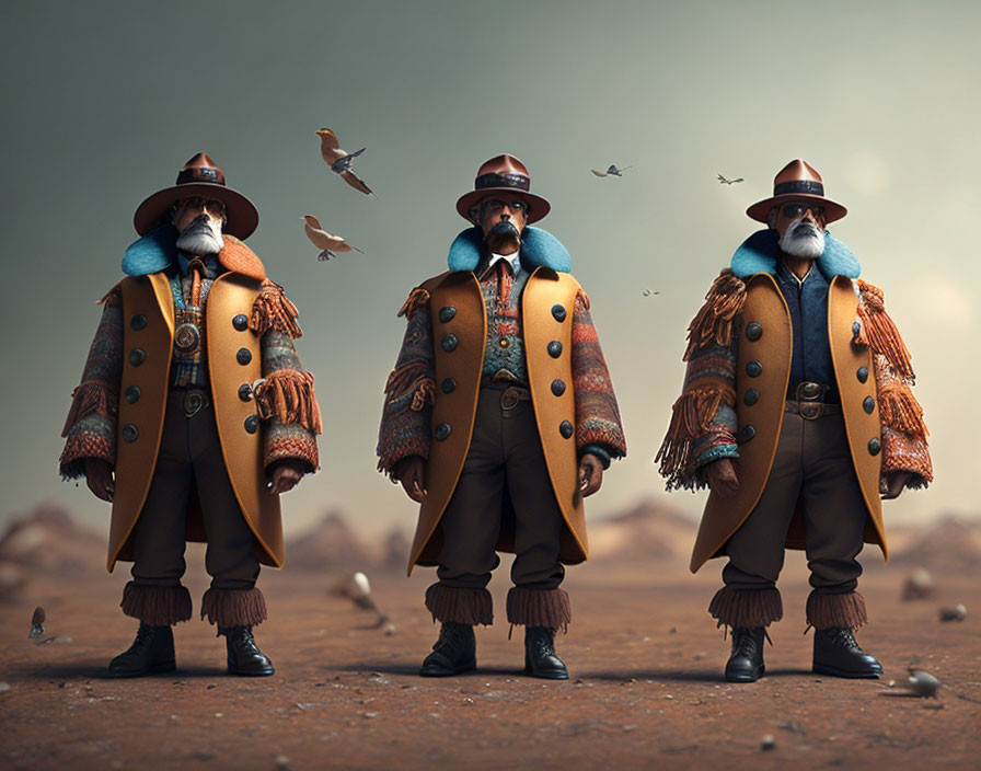 Three bearded steampunk figures in ornate coats and top hats in desert setting with flying birds