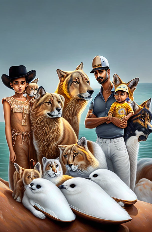 Digital artwork: Family with two children and five wolves by the sea with two seals