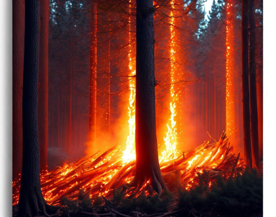 Forest Trees Ablaze at Bases in Twilight Glow