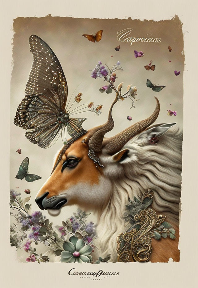 Mythical antelope-butterfly hybrid surrounded by flowers